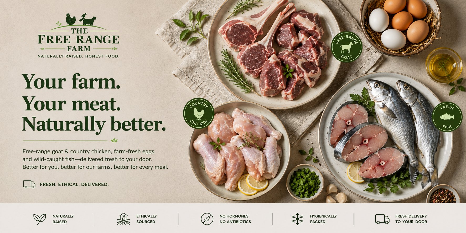 The Free Range Farm — free-range goat, country chicken, farm-fresh eggs, and wild-caught fish, naturally raised and delivered fresh to your door